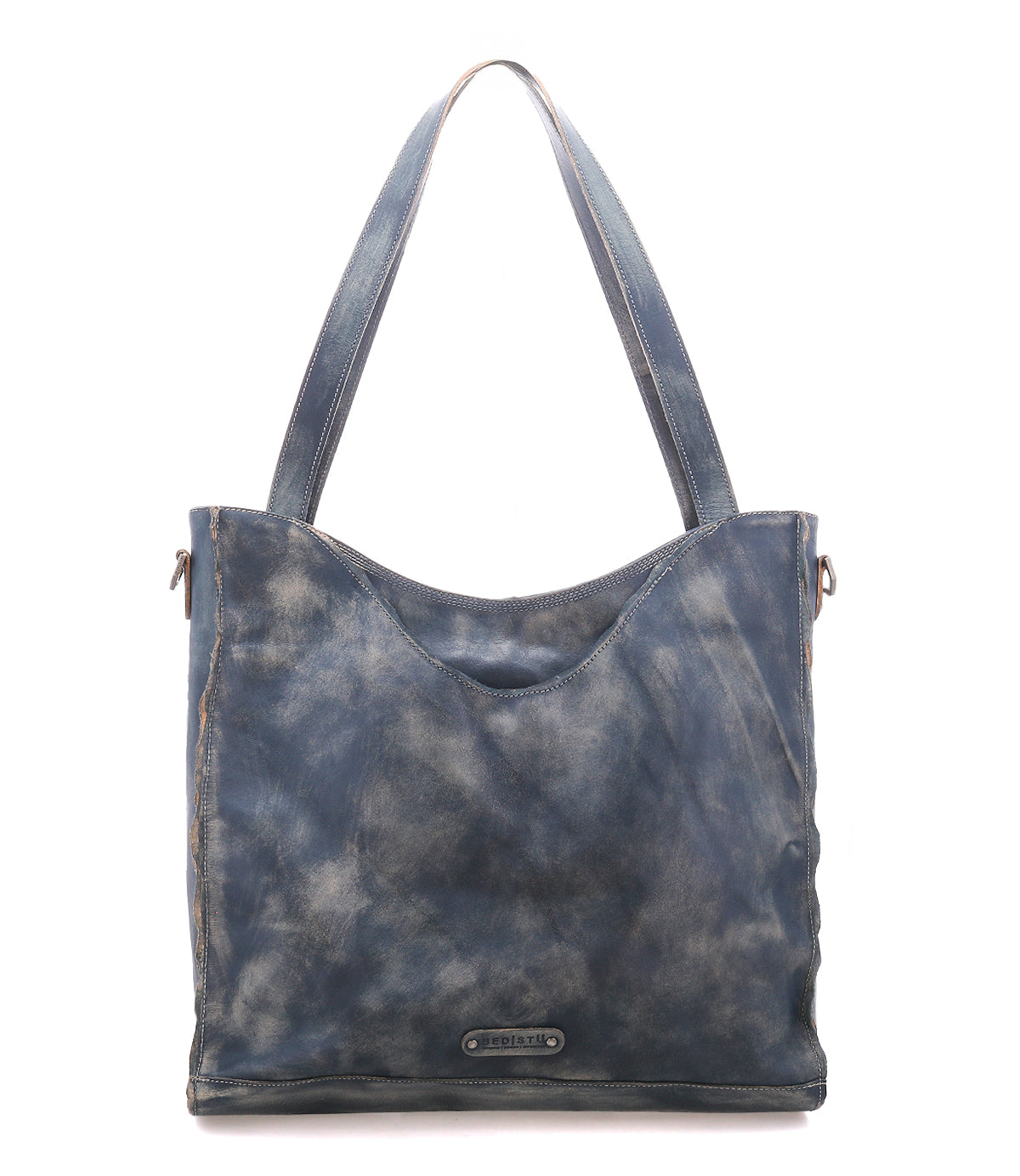 Introducing the Ridgefield by Bed|Stü—a blue distressed full-grain leather tote bag featuring dual straps and a signature metal brand plate at the lower front center. Designed for everyday use, this tote offers an organized interior to keep your essentials neat and easily accessible.