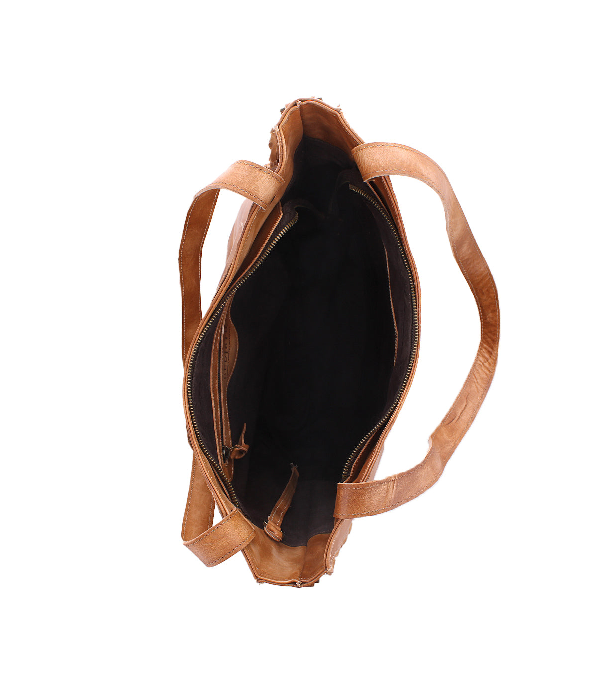Top view of the Bed|Stü Ridgefield, an open brown full-grain leather tote bag with two handles and a visible zipper, showcasing its organized black interior.