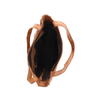 Top view of the Bed|Stü Ridgefield, an open brown full-grain leather tote bag with two handles and a visible zipper, showcasing its organized black interior.