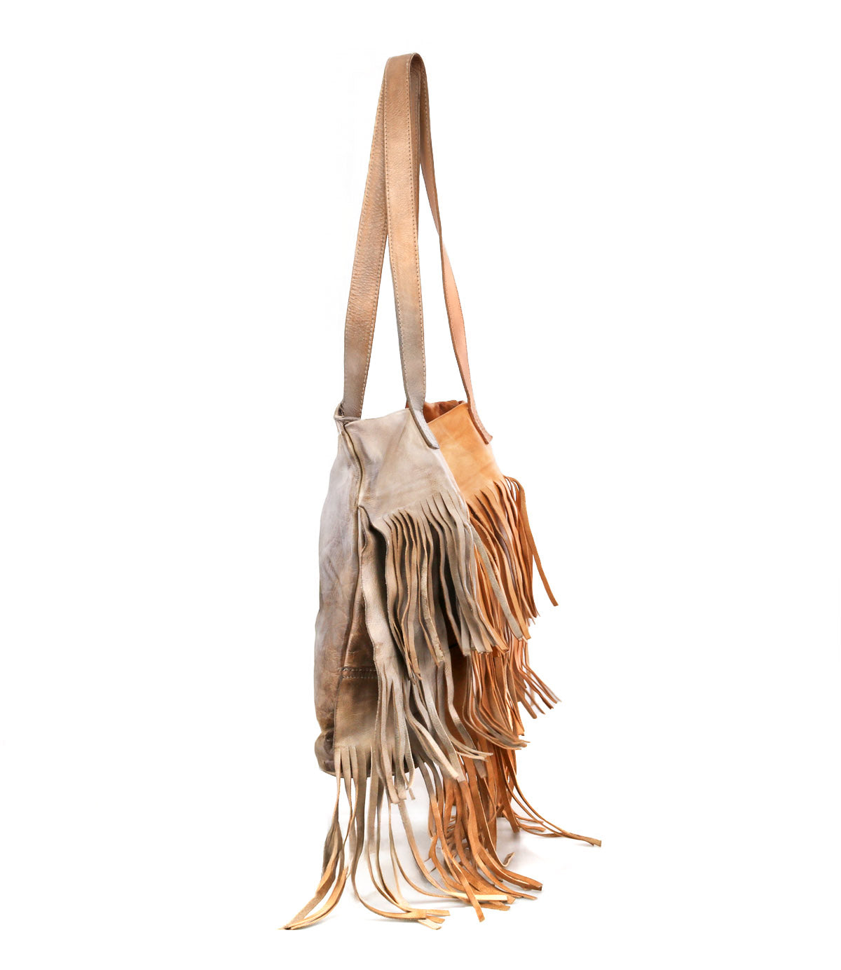 Two Rimes tote shoulder bags by Bed|Stü, one in light gray and one in tan, hang side by side against a white background. Each handcrafted leather bag features fringe detailing and a spacious interior, combining style with practical functionality.