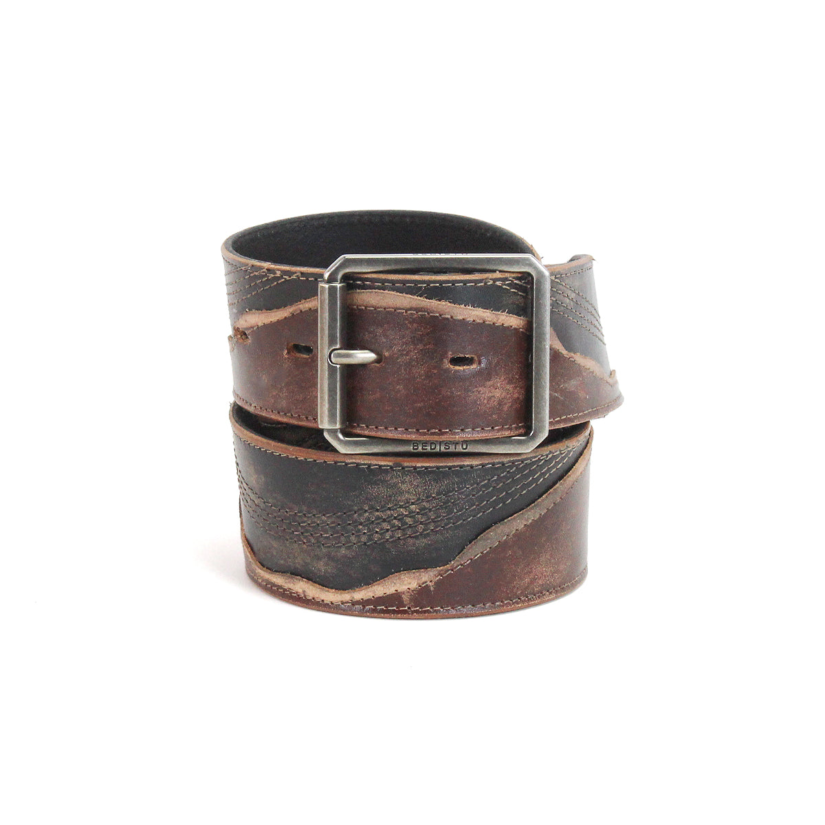 Distressed brown Riven leather belt by Bed|Stü, featuring a rectangular silver buckle and layered design with visible fading—ideal for everyday wear.