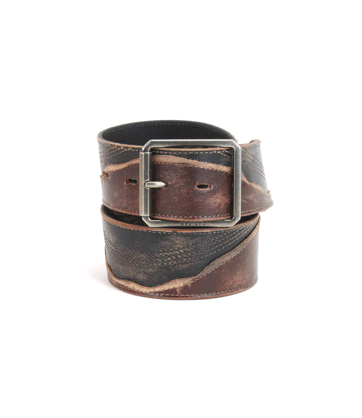 Distressed brown Riven leather belt by Bed|Stü, featuring a rectangular silver buckle and layered design with visible fading—ideal for everyday wear.