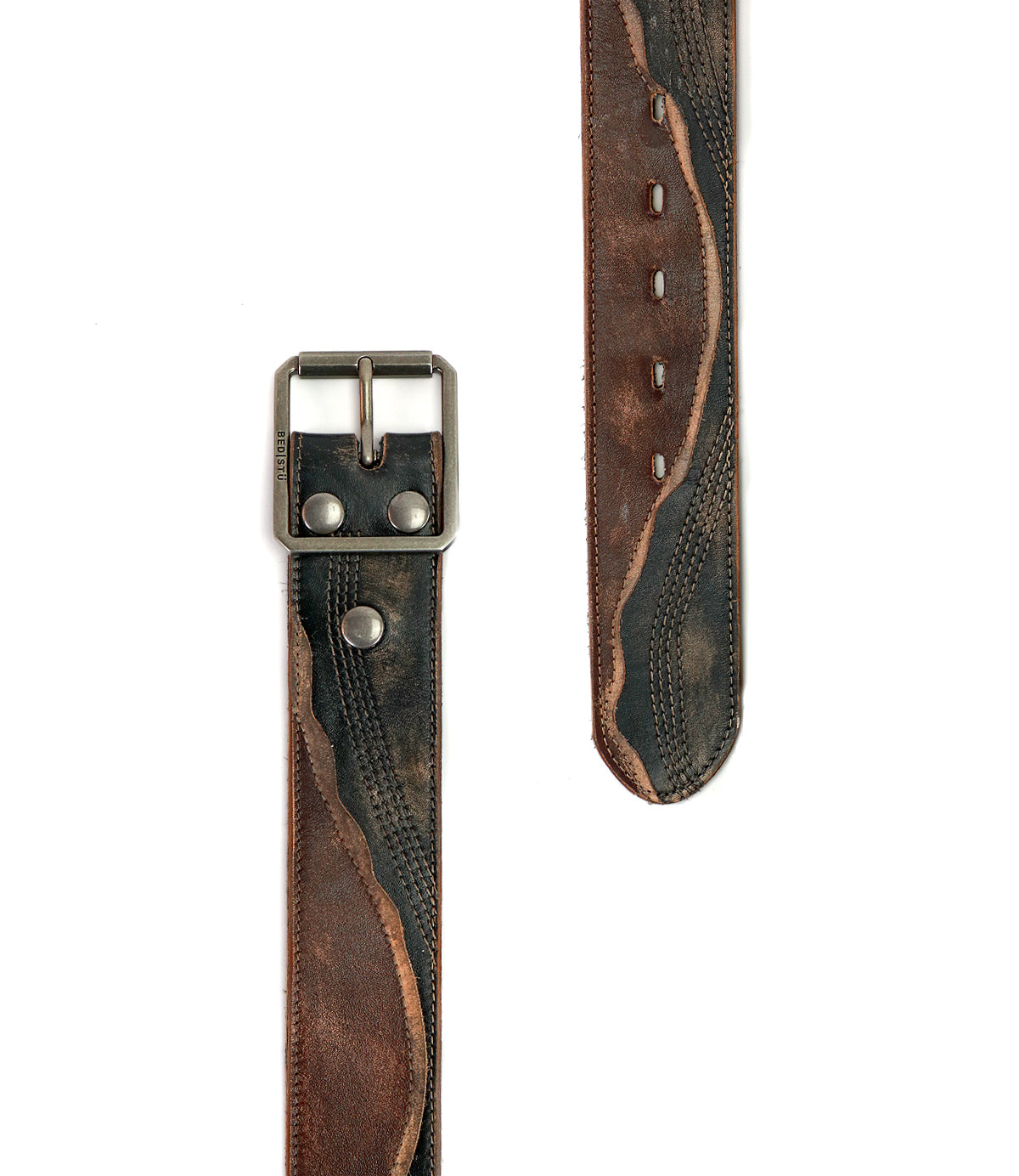 The Riven belt by Bed|Stü is a brown and black distressed layered leather belt featuring visible stitching and a metallic buckle, displayed flat with the ends separated on a white background—a durable choice ideal for everyday style.