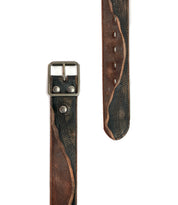 The Riven belt by Bed|Stü is a brown and black distressed layered leather belt featuring visible stitching and a metallic buckle, displayed flat with the ends separated on a white background—a durable choice ideal for everyday style.