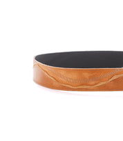 A close-up of the Riven brown layered leather belt by Bed|Stü, featuring decorative stitching and a black inner lining, shown against a white background—perfect for everyday styling.