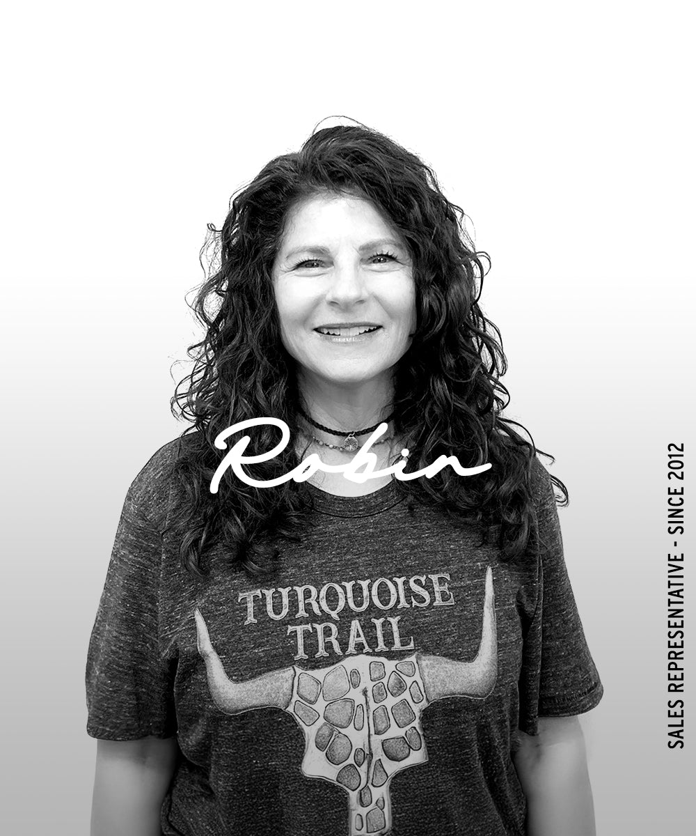 Black-and-white portrait of a woman with the name “Robin” overlaid and vertical text reading “Sales Representative · Since 2012.”