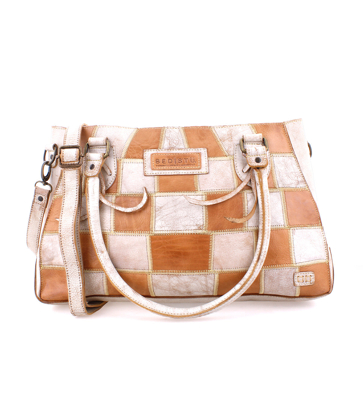 Tan and white patchwork upcycled leather Rockababy SL bag by Bed|Stü, featuring double handles, a detachable shoulder strap, and a visible brand label on the front.