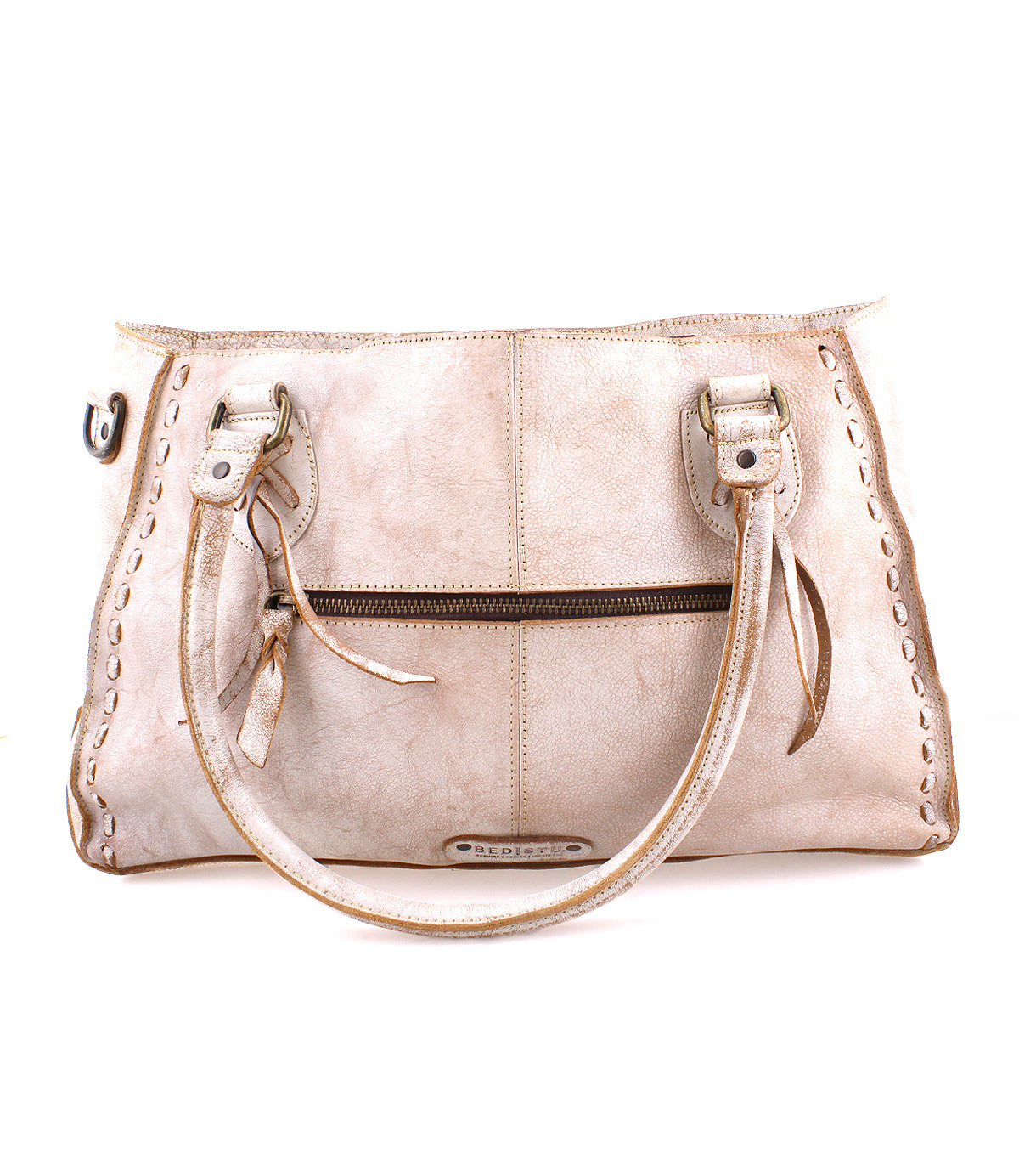 The Rockababy SL by Bed|Stü is a beige upcycled leather handbag featuring double handles, a front zipper pocket, and decorative stitching along the edges, displayed against a white background.