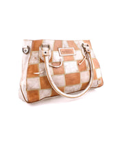 Sure! Here’s the rewritten sentence using your product data: The Rockababy SL by Bed|Stü is a rectangular handbag with a beige and brown patchwork pattern, crafted sustainably with two top handles and a visible "Bed|Stü" label on the front.
