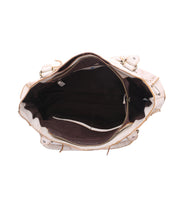 Top view of the open Bed|Stü Rockababy SL sustainable handbag in beige, featuring a spacious main compartment, a zippered pocket, and two open inner pockets on a dark fabric lining.
