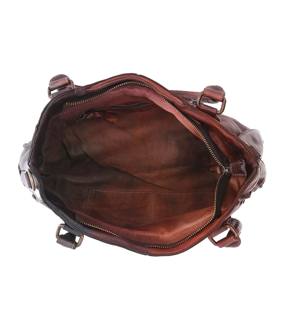 Top view of the Bed|Stü Rockaway handbag in open position, showcasing its spacious main compartment, inner zip pocket, and slip pocket. The full-grain brown leather features visible stitching and a gently worn interior lining—expertly crafted for everyday function.