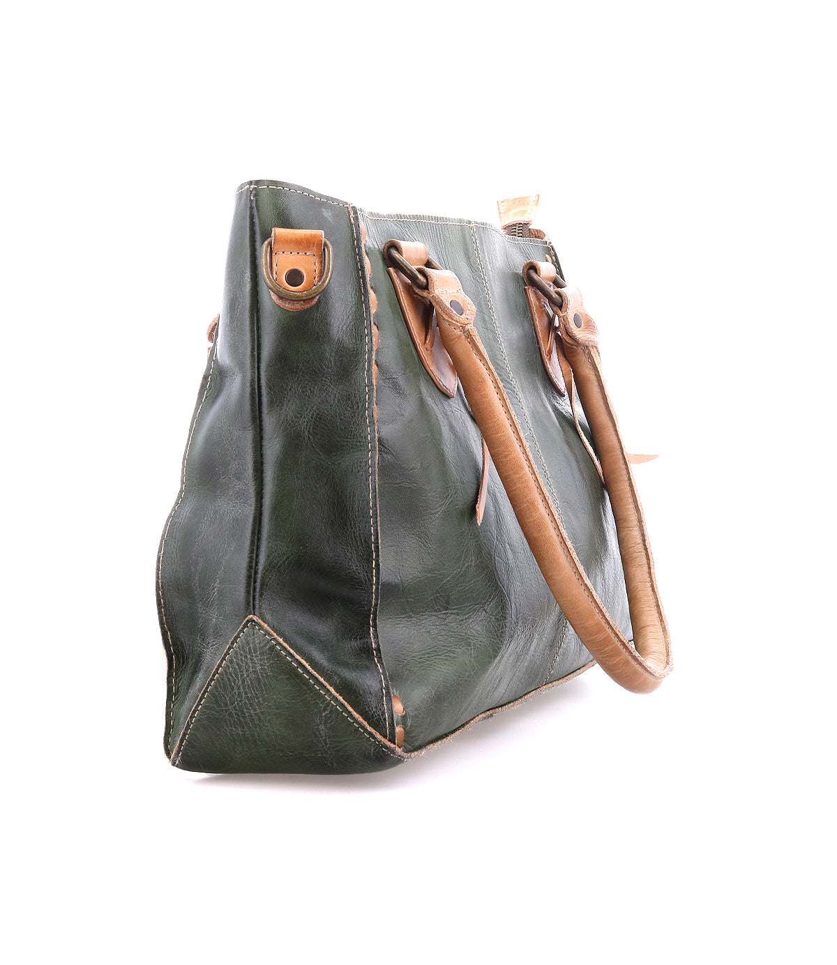 Rockababy tote bag by Bed|Stü, crafted from dark green vegetable-tanned leather with tan handles and accents, displayed at an angle on a white background.