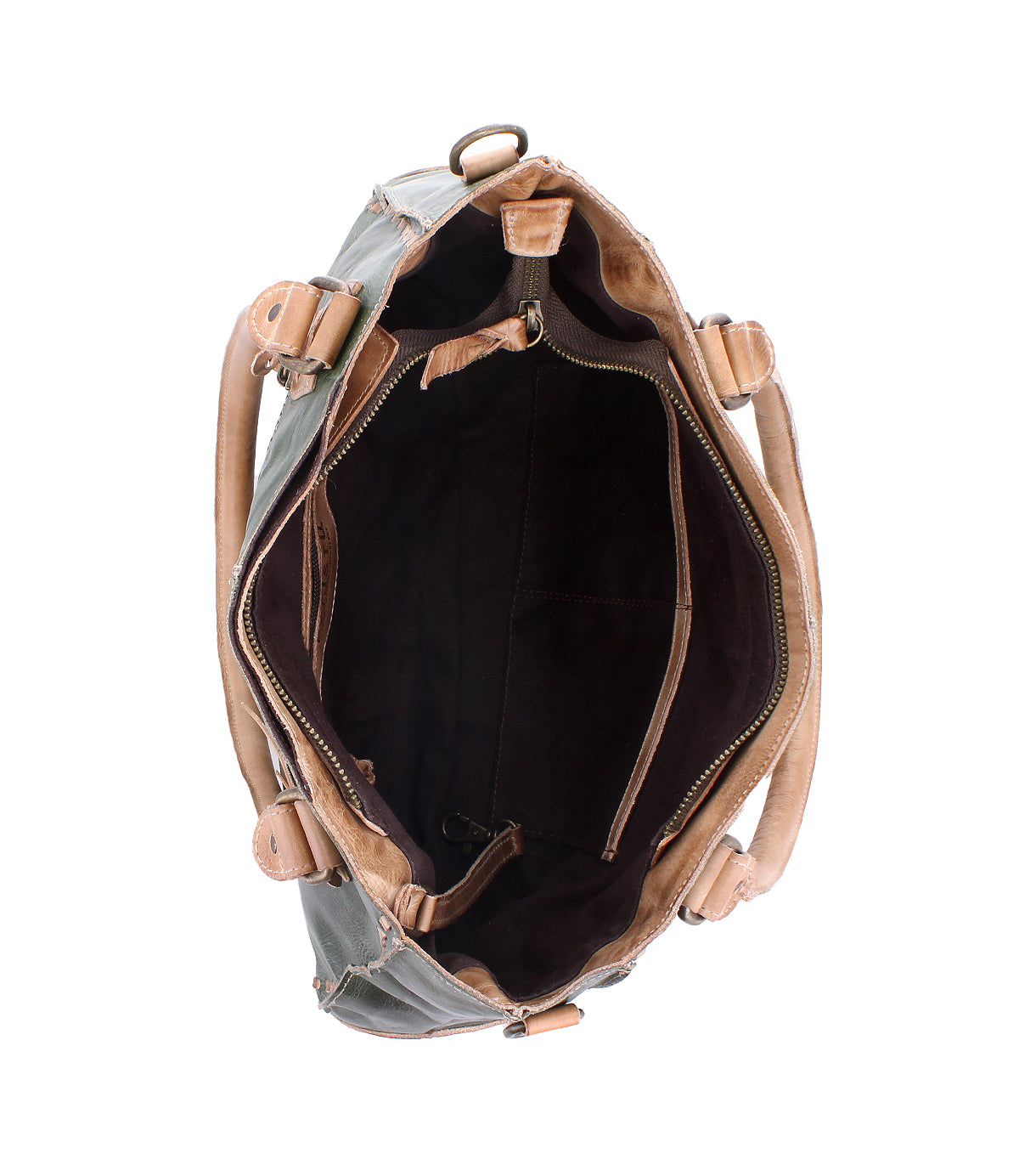 Top view of the Rockababy by Bed|Stü, an open compact leather bag with tan handles, tan edges, and a dark interior featuring pockets and a zippered compartment. This stylish handbag is crafted from vegetable-tanned leather for enhanced durability and timeless appeal.