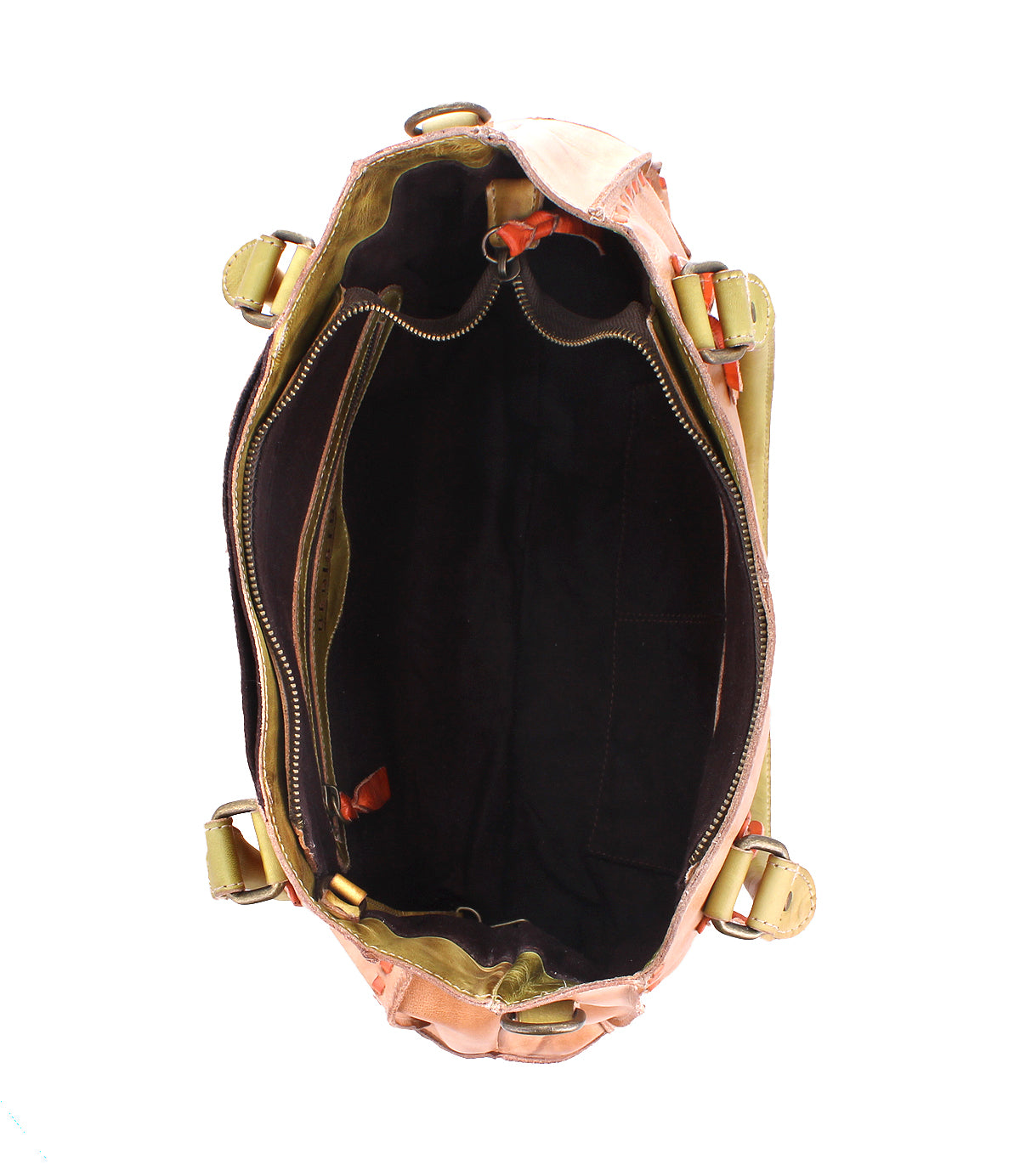 Top view of the Bed|Stü Rockababy, an open compact bag crafted from vegetable-tanned leather, revealing a black fabric-lined interior with a zipper pocket and open compartments, set against a white background.