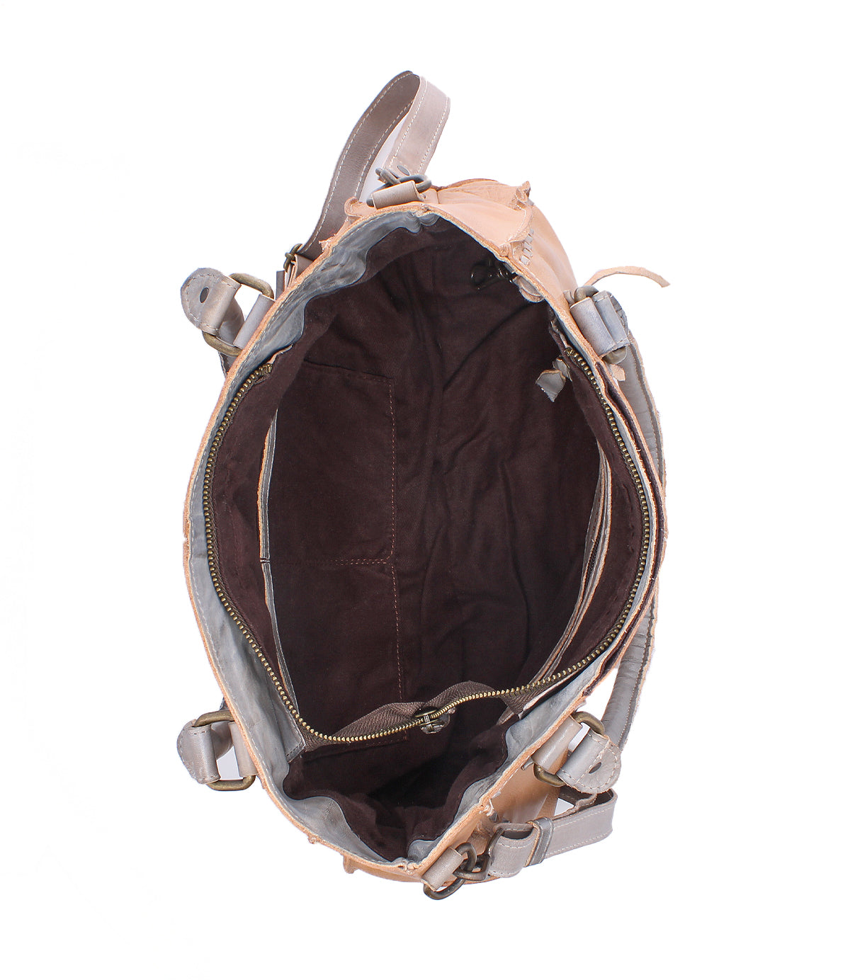 Top view of the Bed|Stü Rockababy, an open tan and gray compact leather bag crafted from vegetable-tanned leather, featuring a spacious main compartment with dark brown fabric lining, inner pockets, and gold zipper accents.