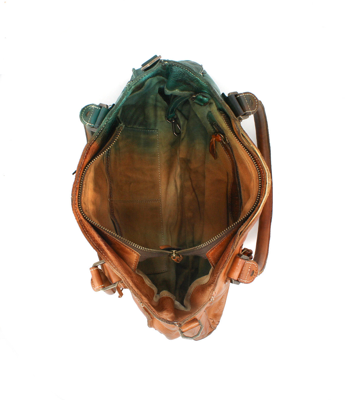 Top view of the Rockababy by Bed|Stü, a compact bag crafted from vegetable-tanned leather, showcasing a brown exterior with a green interior, a central zippered pocket, multiple inner compartments, and a practical crossbody strap.