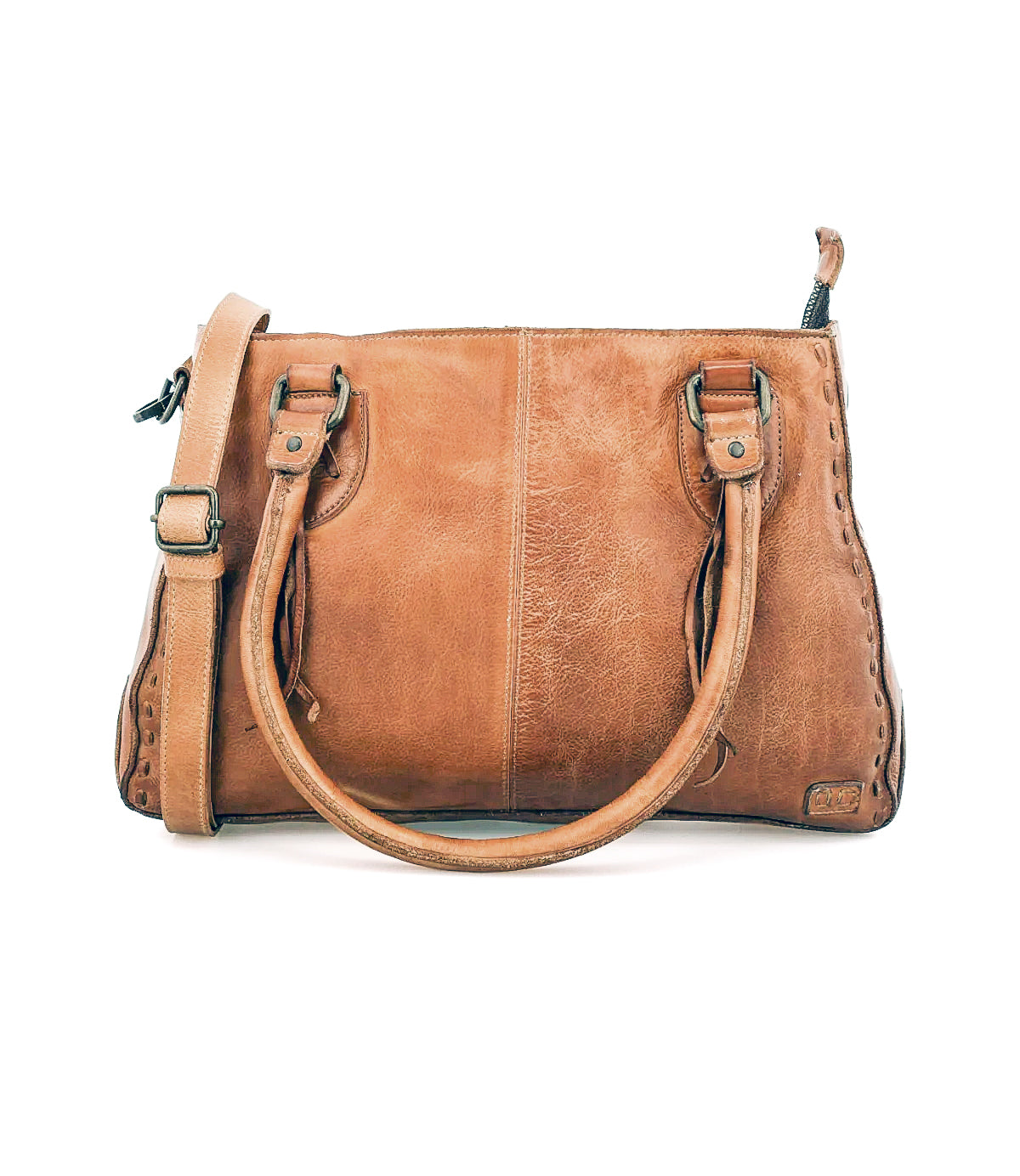 Introducing the Rockababy by Bed|Stü—a compact handbag crafted from rich brown vegetable-tanned leather, featuring two sturdy handles, an adjustable crossbody strap, visible stitching details, and a secure zippered top closure.