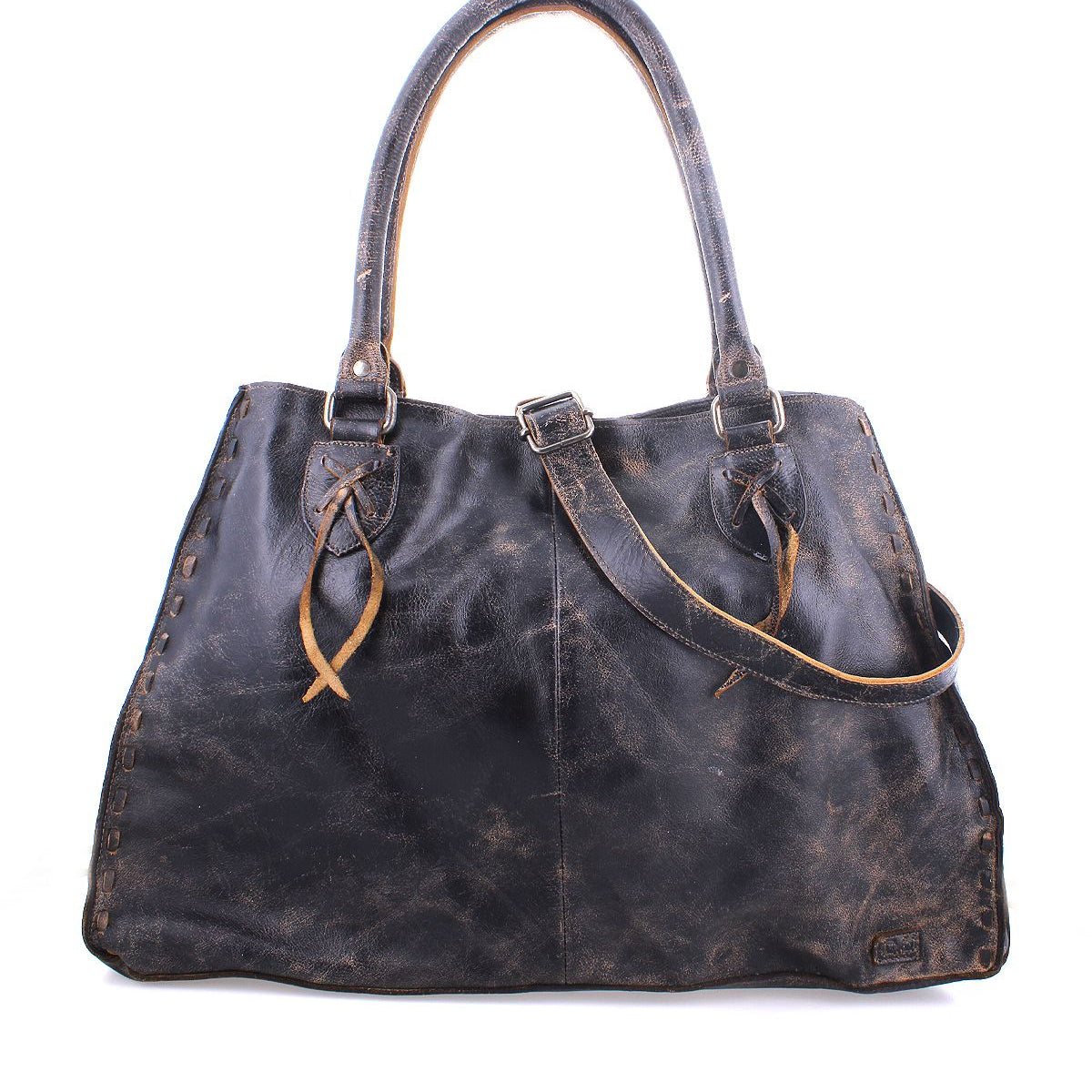 The Bed|Stü Rockaway is a worn black full-grain leather handbag featuring two handles and an attached shoulder strap, designed for everyday function and displayed against a white background.