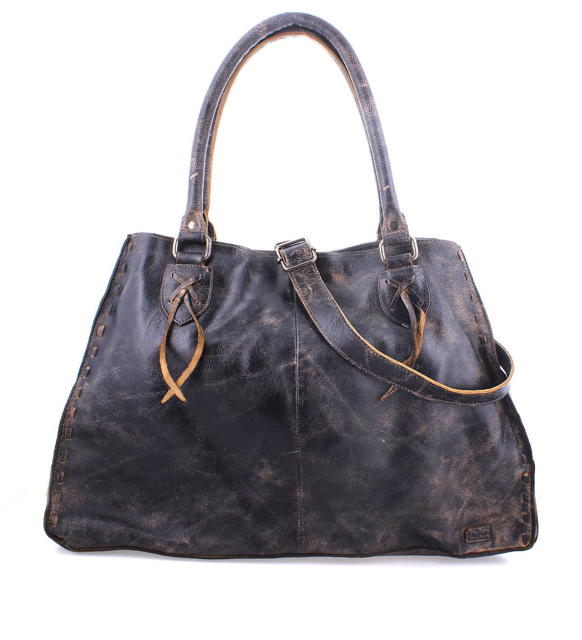 The Bed|Stü Rockaway is a worn black full-grain leather handbag featuring two handles and an attached shoulder strap, designed for everyday function and displayed against a white background.