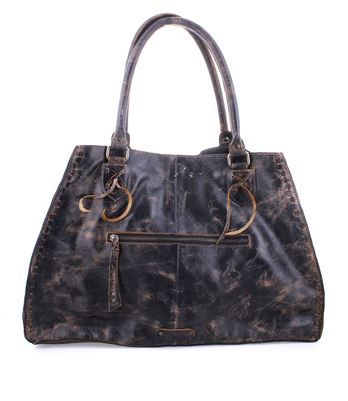 The Rockaway by Bed|Stü is a full-grain leather handbag in distressed black, featuring two sturdy handles, a front zipper pocket, and visible worn patches on its surface, presented against a plain white background.