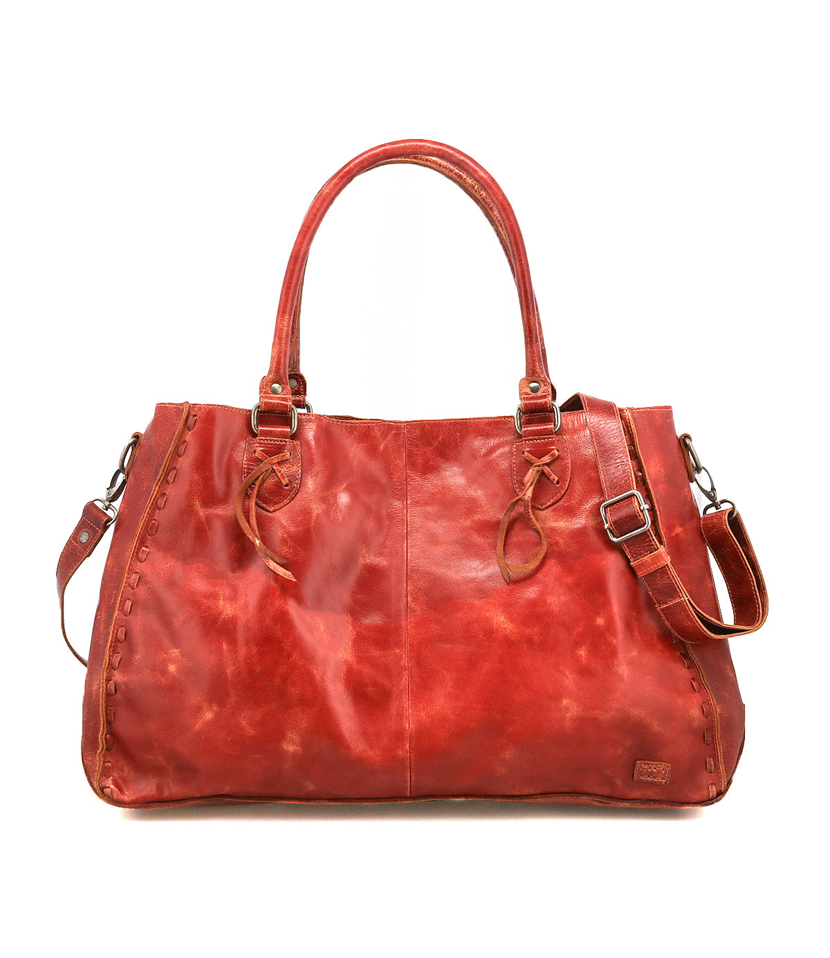 The Rockaway by Bed|Stü is a large red full-grain leather handbag featuring two handles, an adjustable shoulder strap, and decorative side stitching, designed for everyday use and showcased against a plain white background.