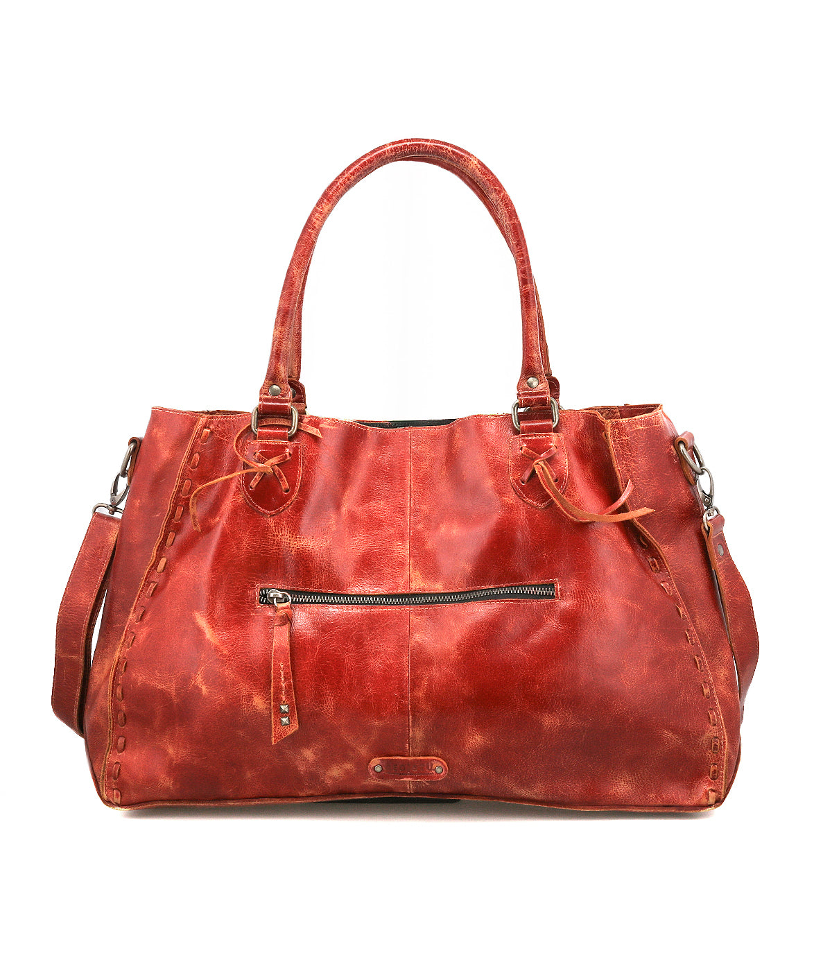 The Bed|Stü Rockaway is a spacious red handbag, expertly crafted from full-grain leather with dual handles, a front zipper pocket, and a detachable shoulder strap—displayed on a white background and designed for everyday functionality.
