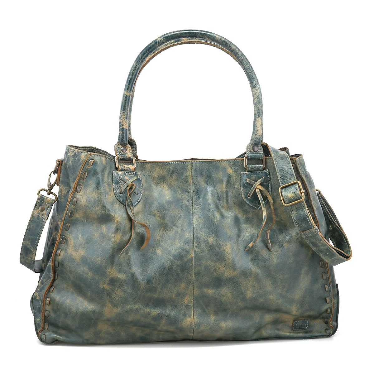 The Rockaway handbag by Bed|Stü is crafted from distressed blue full-grain leather and features dual handles, a detachable shoulder strap, and decorative stitching along the sides—making it a stylish accessory designed for everyday use.