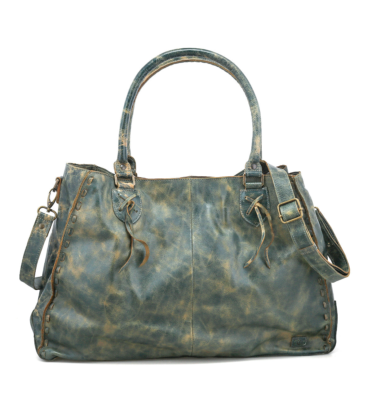 The Rockaway handbag by Bed|Stü is crafted from distressed blue full-grain leather and features dual handles, a detachable shoulder strap, and decorative stitching along the sides—making it a stylish accessory designed for everyday use.