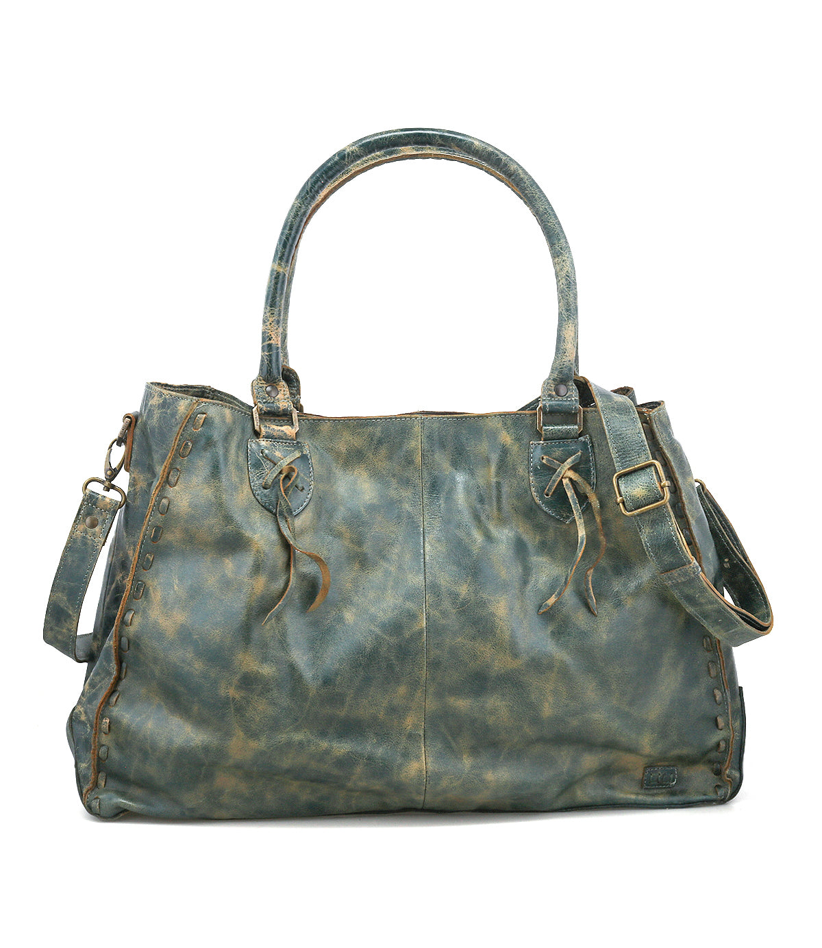 The Rockaway handbag by Bed|Stü is crafted from distressed blue full-grain leather and features dual handles, a detachable shoulder strap, and decorative stitching along the sides—making it a stylish accessory designed for everyday use.