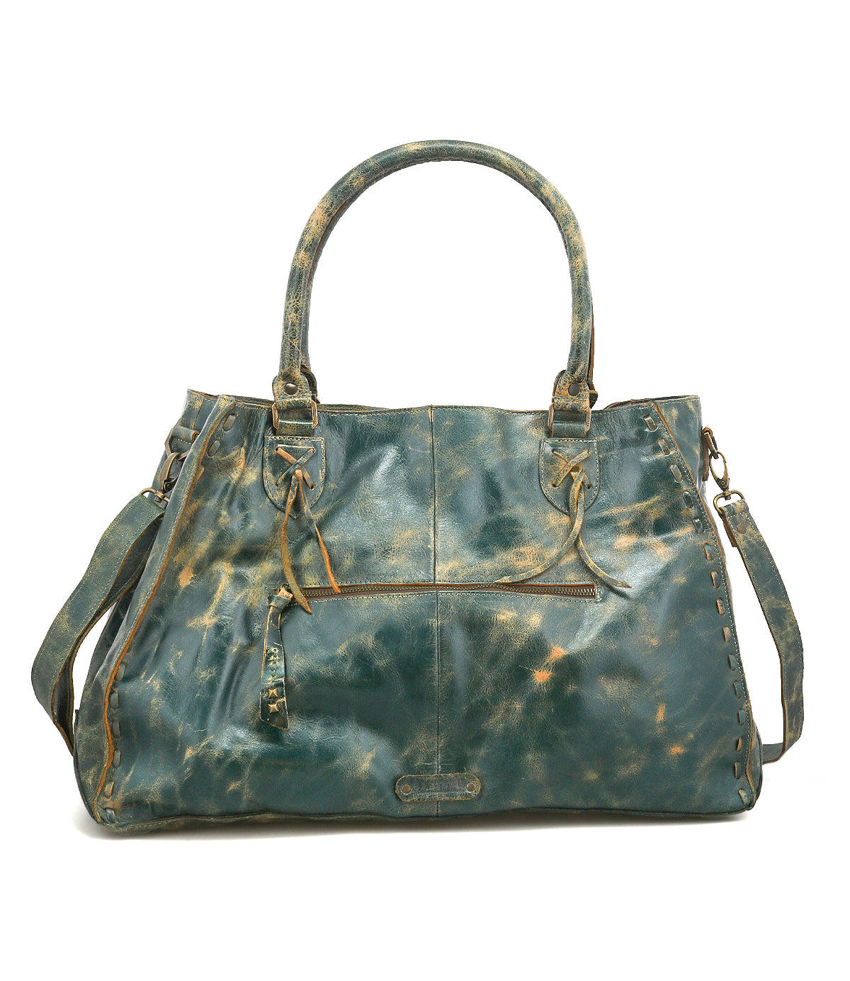 The Bed|Stü Rockaway is a spacious, distressed teal full-grain leather handbag featuring two sturdy handles, a convenient front zip pocket, and a detachable shoulder strap—thoughtfully designed for everyday use and shown against a white background.