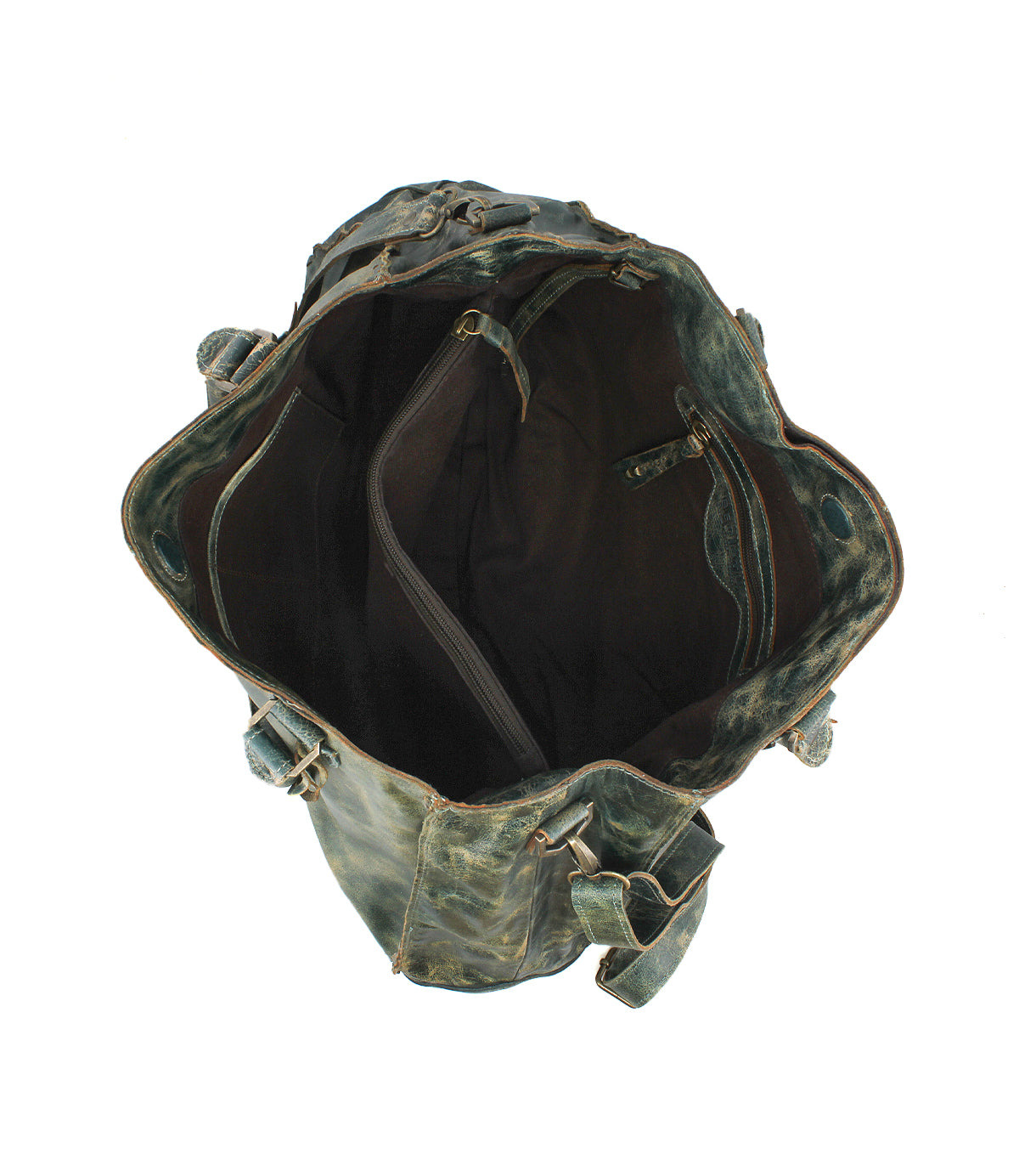Top view of an open, empty, distressed full-grain leather Bed|Stü Rockaway duffel bag featuring a spacious main compartment and an interior zippered pocket—crafted for everyday function.
