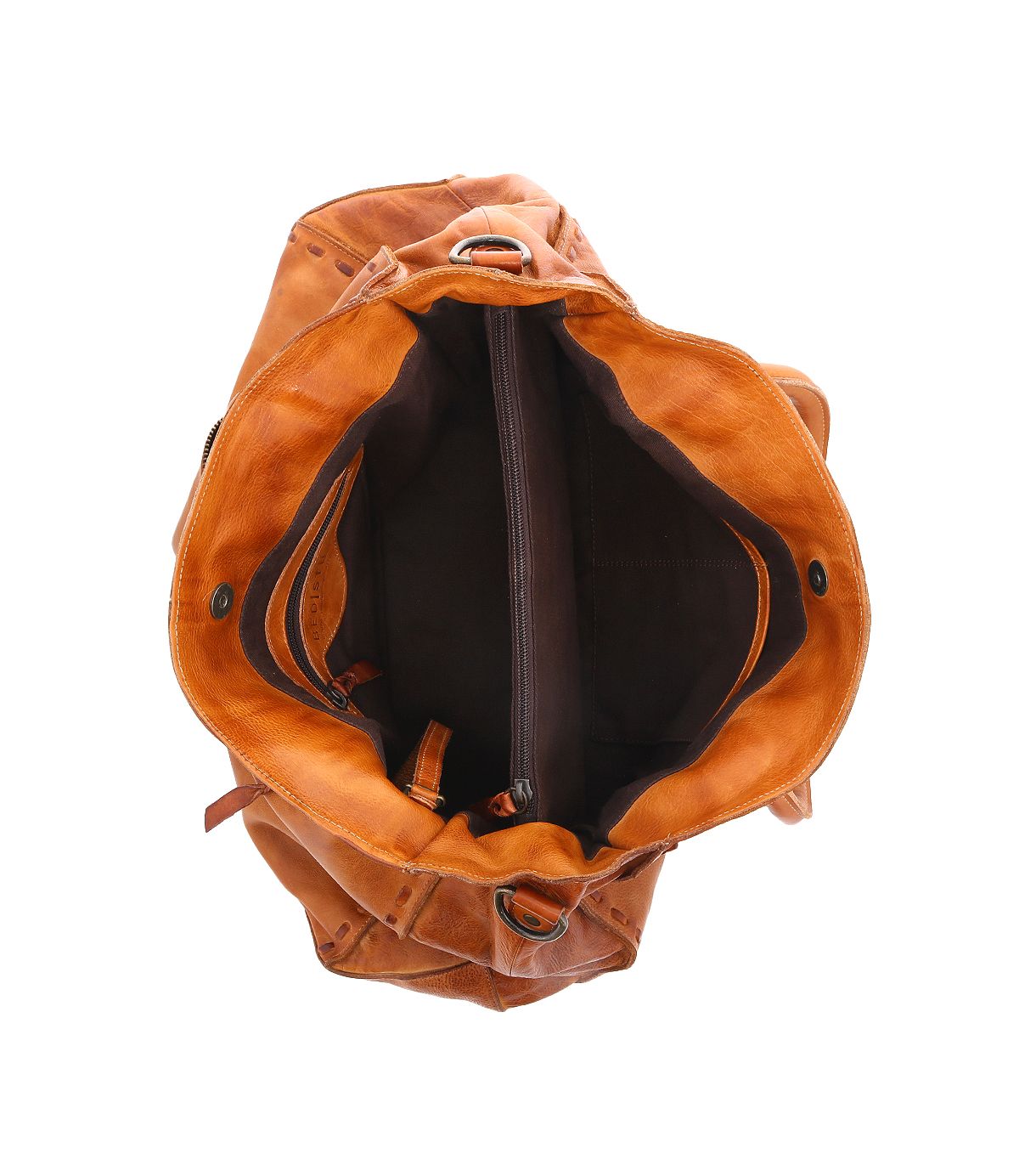 Top view of the Bed|Stü Rockaway bag in open position, showcasing its full-grain brown leather exterior and well-organized interior with a zippered compartment and side pockets—all designed for everyday functionality, set against a white background.