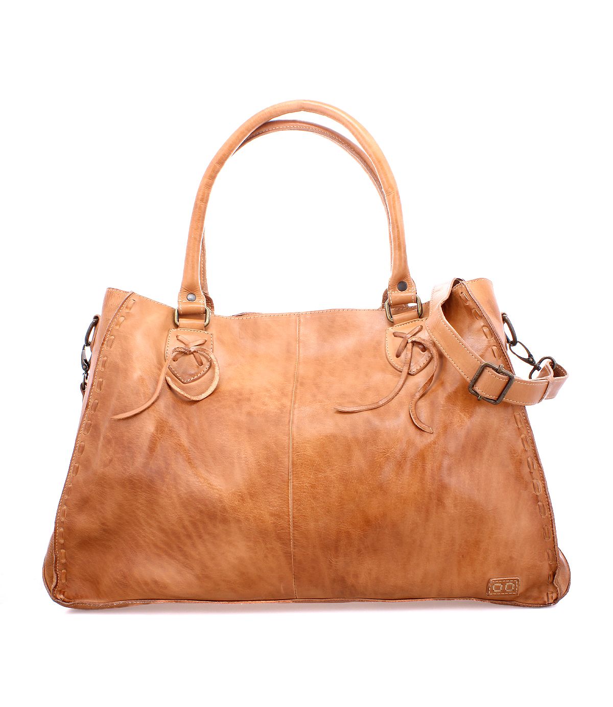 The Rockaway by Bed|Stü is a light brown full-grain leather handbag featuring two handles, a detachable shoulder strap, and minimal edge stitching, showcased against a white background. This classic accessory is thoughtfully designed for everyday function.