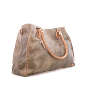 The Rockaway handbag by Bed|Stü is a large full-grain leather bag in olive green, featuring tan handles and decorative stitching, crafted for everyday use and showcased against a white background.