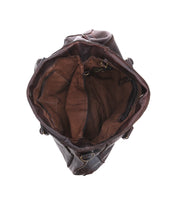 Top view of an open Bed|Stü Rockaway brown full-grain leather bag, featuring multiple inner compartments and pockets, displaying its empty interior against a white background—designed for everyday function.