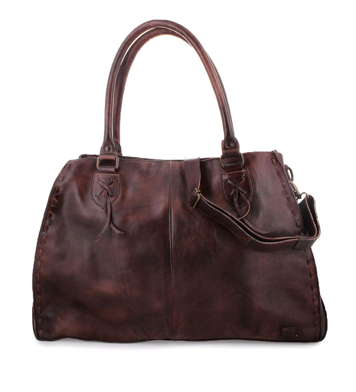 The Bed|Stü Rockaway is a large, dark brown full-grain leather handbag featuring double handles and an adjustable shoulder strap, designed for everyday use and showcased against a white background.