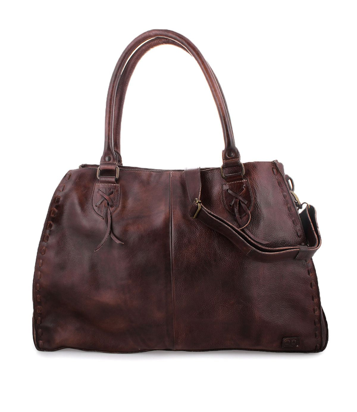 The Bed|Stü Rockaway is a large, dark brown full-grain leather handbag featuring double handles and an adjustable shoulder strap, designed for everyday use and showcased against a white background.