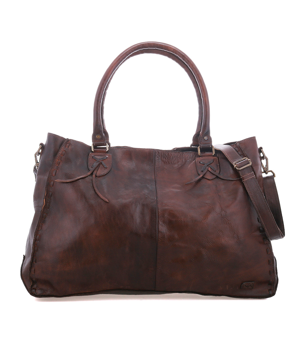 The Rockaway by Bed|Stü is a large brown full-grain leather handbag with two short handles, a detachable shoulder strap, and stitched details for daily use.