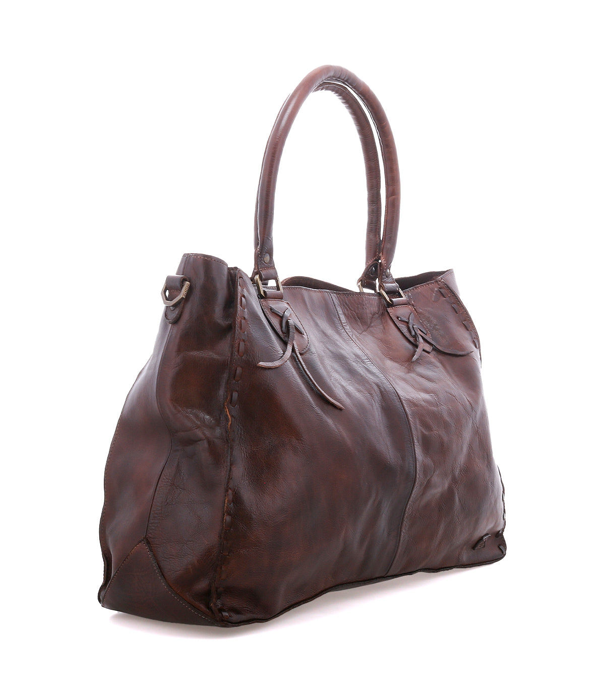 The Rockaway by Bed|Stü is a large brown full-grain leather handbag with double handles, visible stitching, and a textured surface, shown on a white background.