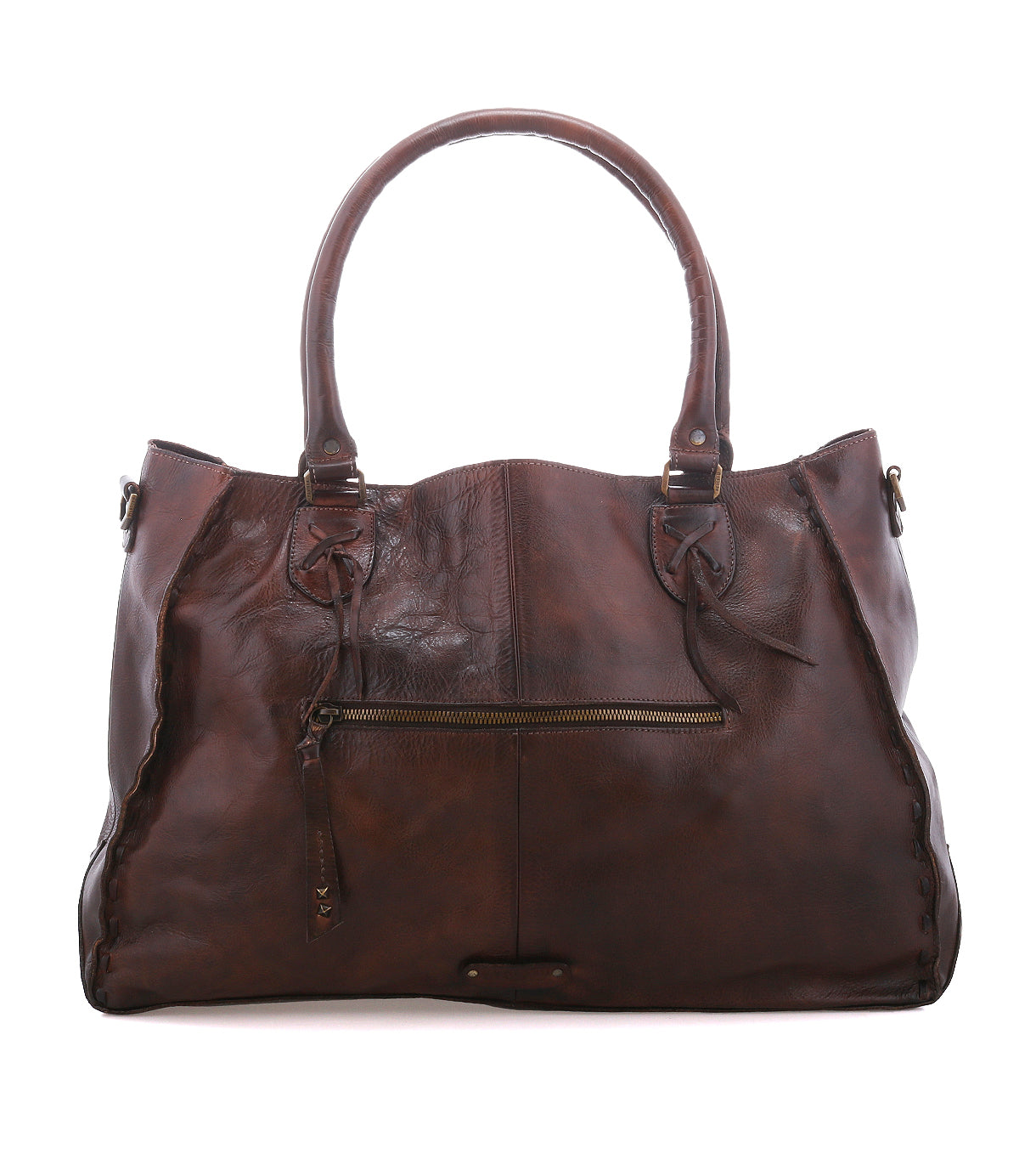 Rockaway by Bed|Stü: Large brown full-grain leather handbag with two handles, front zip pocket, and minimal stitching on a white background.