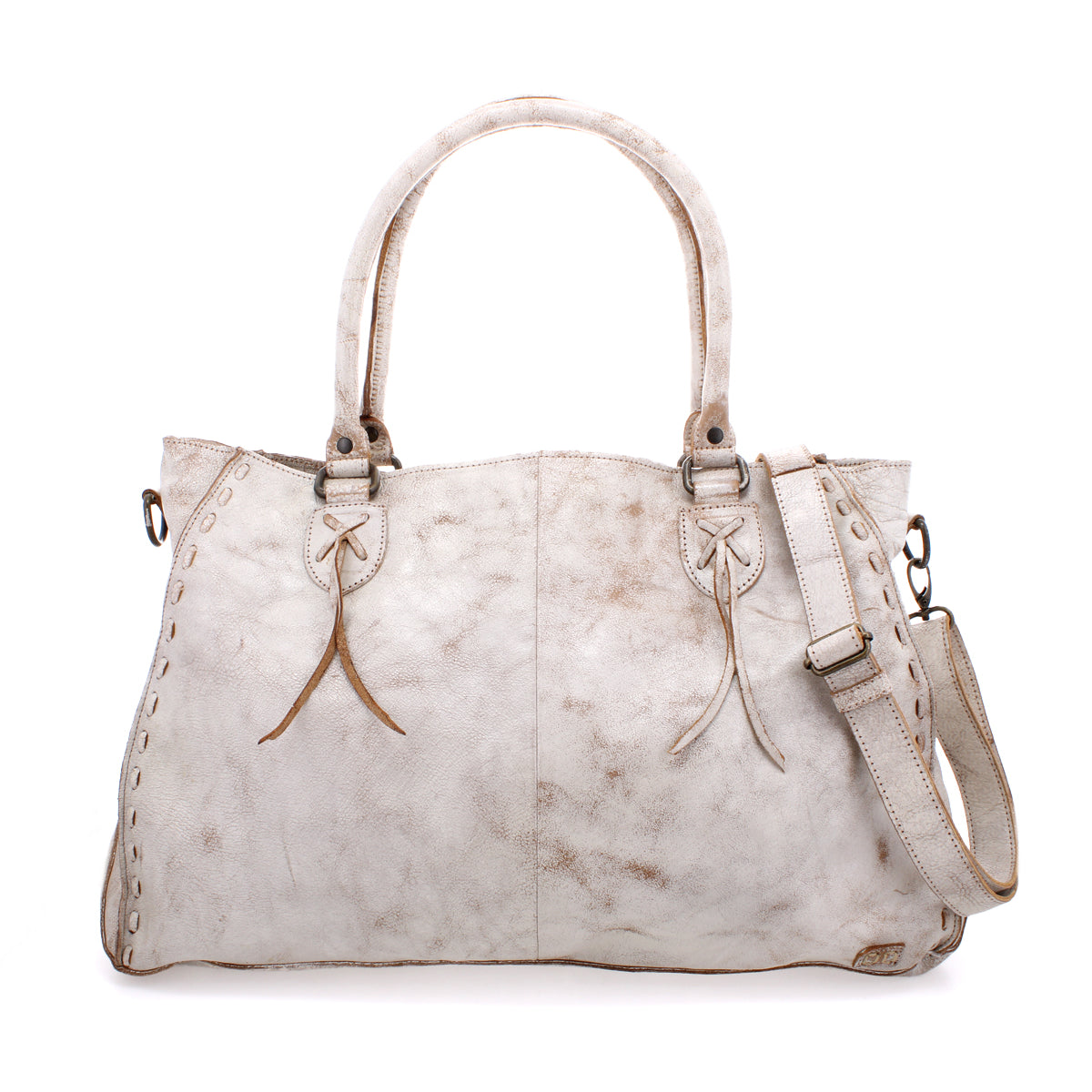 Introducing the Rockaway by Bed|Stü—a spacious, distressed white handbag made from full-grain leather. It features dual handles, a detachable shoulder strap, decorative stitching, and metal hardware for everyday versatility.