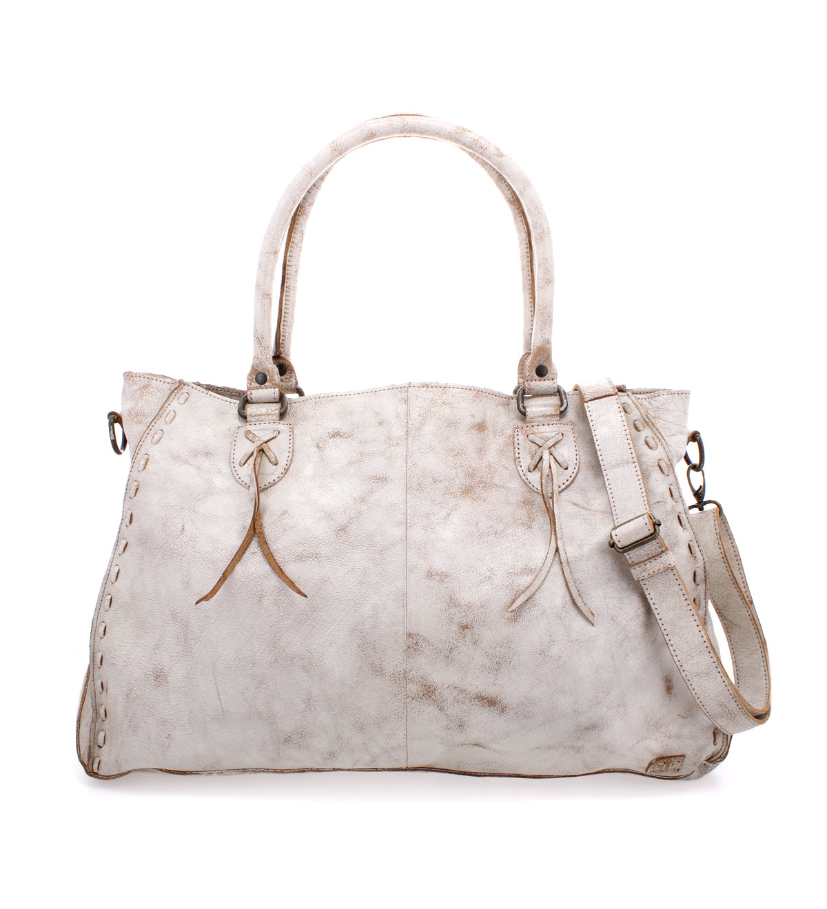 Introducing the Rockaway by Bed|Stü—a spacious, distressed white handbag made from full-grain leather. It features dual handles, a detachable shoulder strap, decorative stitching, and metal hardware for everyday versatility.