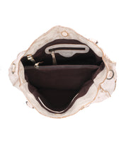 Top view of an open Bed|Stü Rockaway handbag crafted from high-quality vegetable-tanned leather in beige, revealing a spacious interior with brown lining, multiple compartments, a zipper pocket, and a visible Bed|Stü brand label. Designed for everyday use, this stylish accessory combines durability with practical organization.