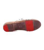 Introducing the Rumba II by Bed|Stü—a brown leather lace-up dress shoe, showcased from the sole featuring striking red accents at the heel and toe. Bed|Stü branding and size markings are clearly displayed on the sole, making it an ideal choice for those who appreciate stylish comfort in premium leather footwear.