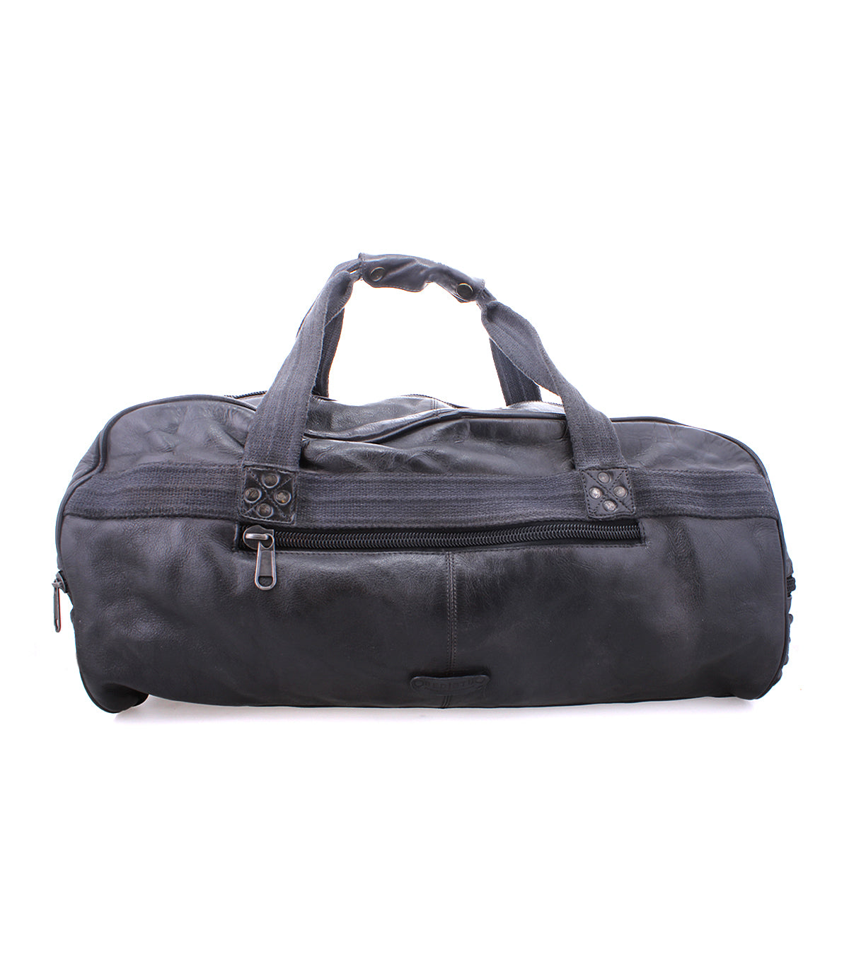 The Bed|Stü Ruslan is a black leather duffel bag featuring durable canvas straps, two top handles, a front zipper pocket, and a main zipper closure, photographed against a white background—perfect as an elegant travel bag.