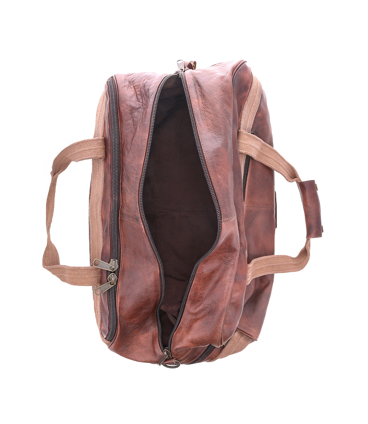 The Bed|Stü Ruslan brown leather duffel bag features durable canvas straps and is displayed from above with its main zipper open, revealing an empty interior against a white background.
