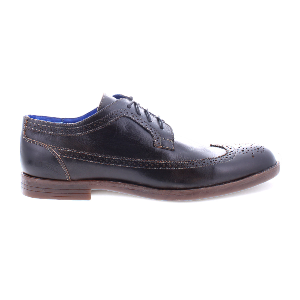 The Sandro II by Bed|Stü is displayed in a side profile view—a single handcrafted leather dress shoe in classic black with a brown sole, elegant wingtip broguing, and blue interior lining.