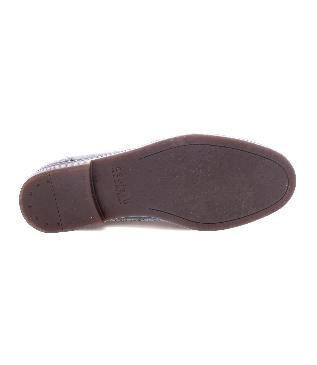 The image shows the sole of a brown handcrafted leather dress shoe, viewed from the bottom, with "Bed|Stü" branding visible near the heel. The shoe is the Sandro II model.