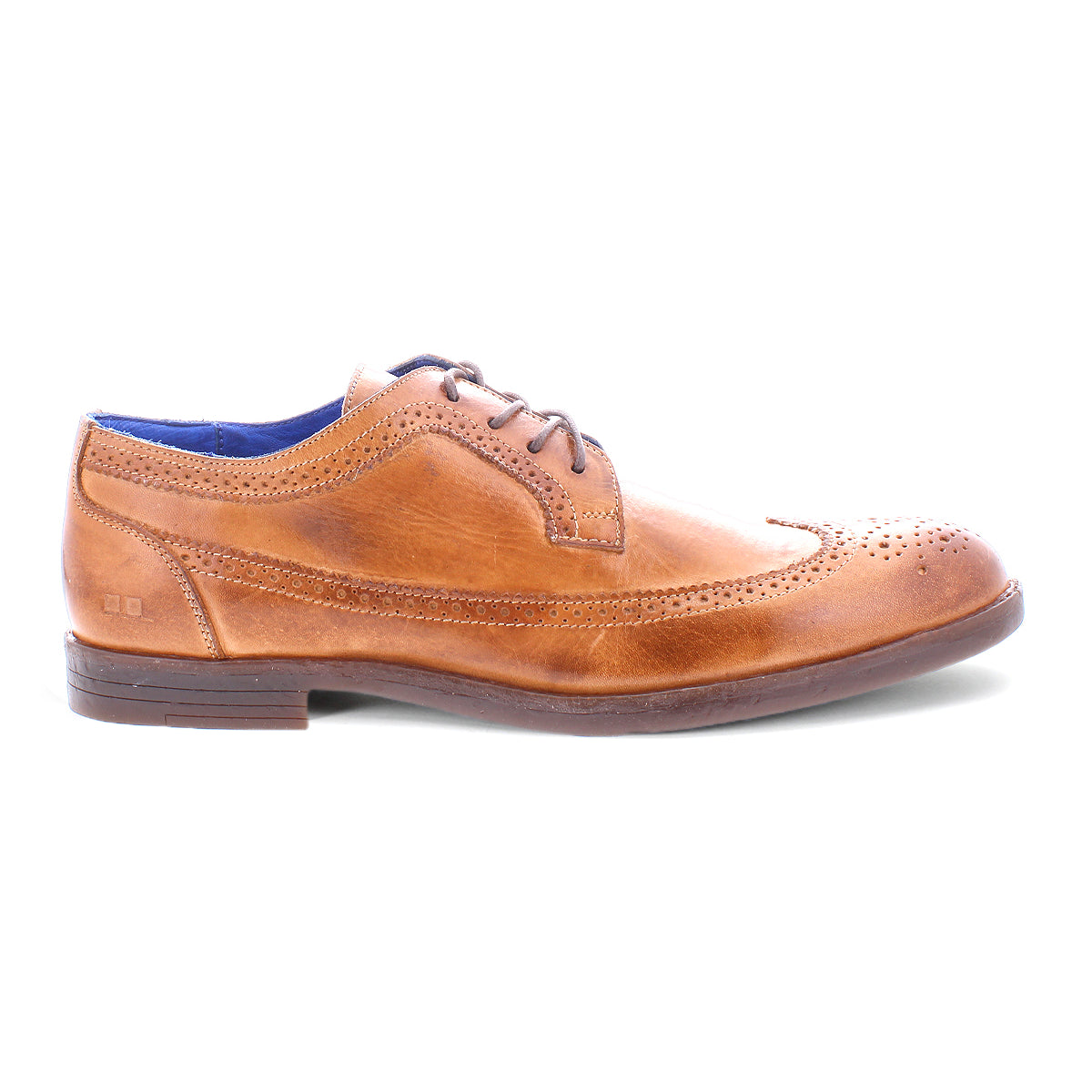 The Bed|Stü Sandro II is a handcrafted leather dress shoe in rich brown, showcasing classic wingtip broguing, laces, and a low heel, displayed in a left side profile on a white background.