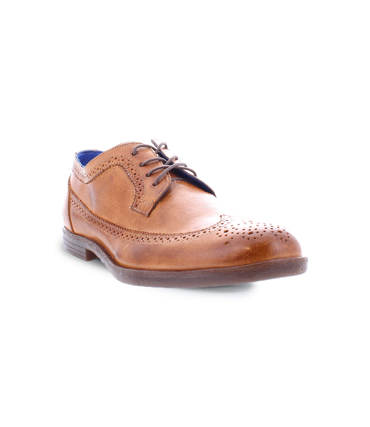 The Sandro II by Bed|Stü is a single brown handcrafted leather dress shoe, featuring elegant wingtip broguing and decorative perforations. Shown on a white background, this shoe reflects old-world construction, highlighted by its detailed laces and classic design.